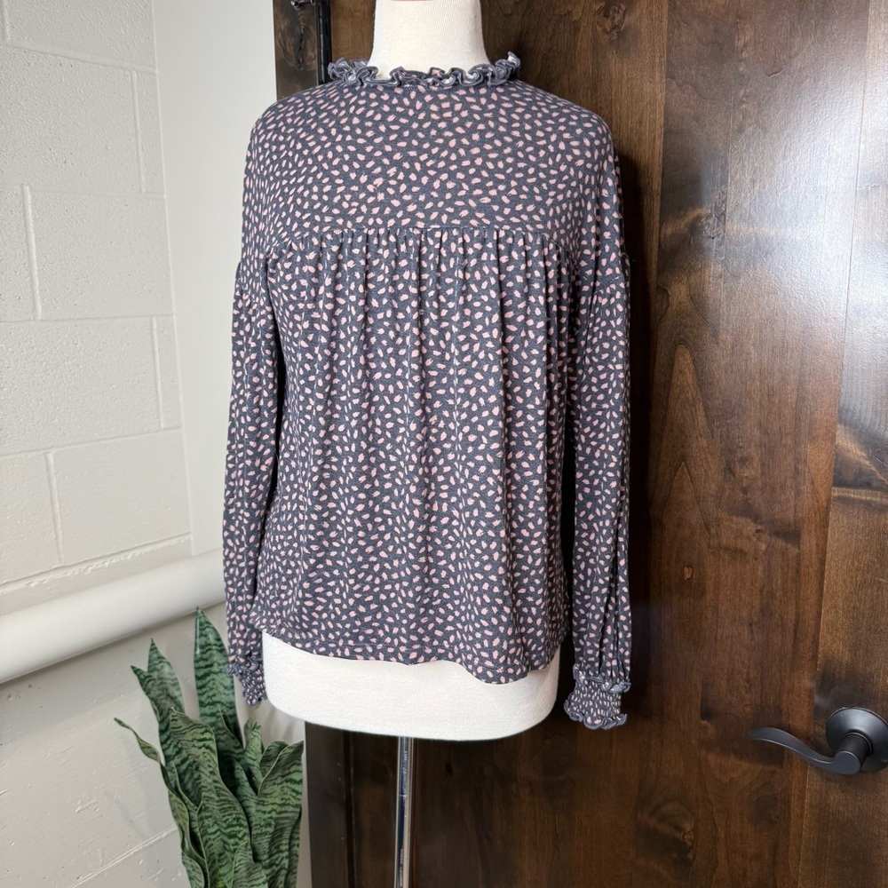 Ann Taylor Pink and Black Ruffled long sleeve Blouse Size S